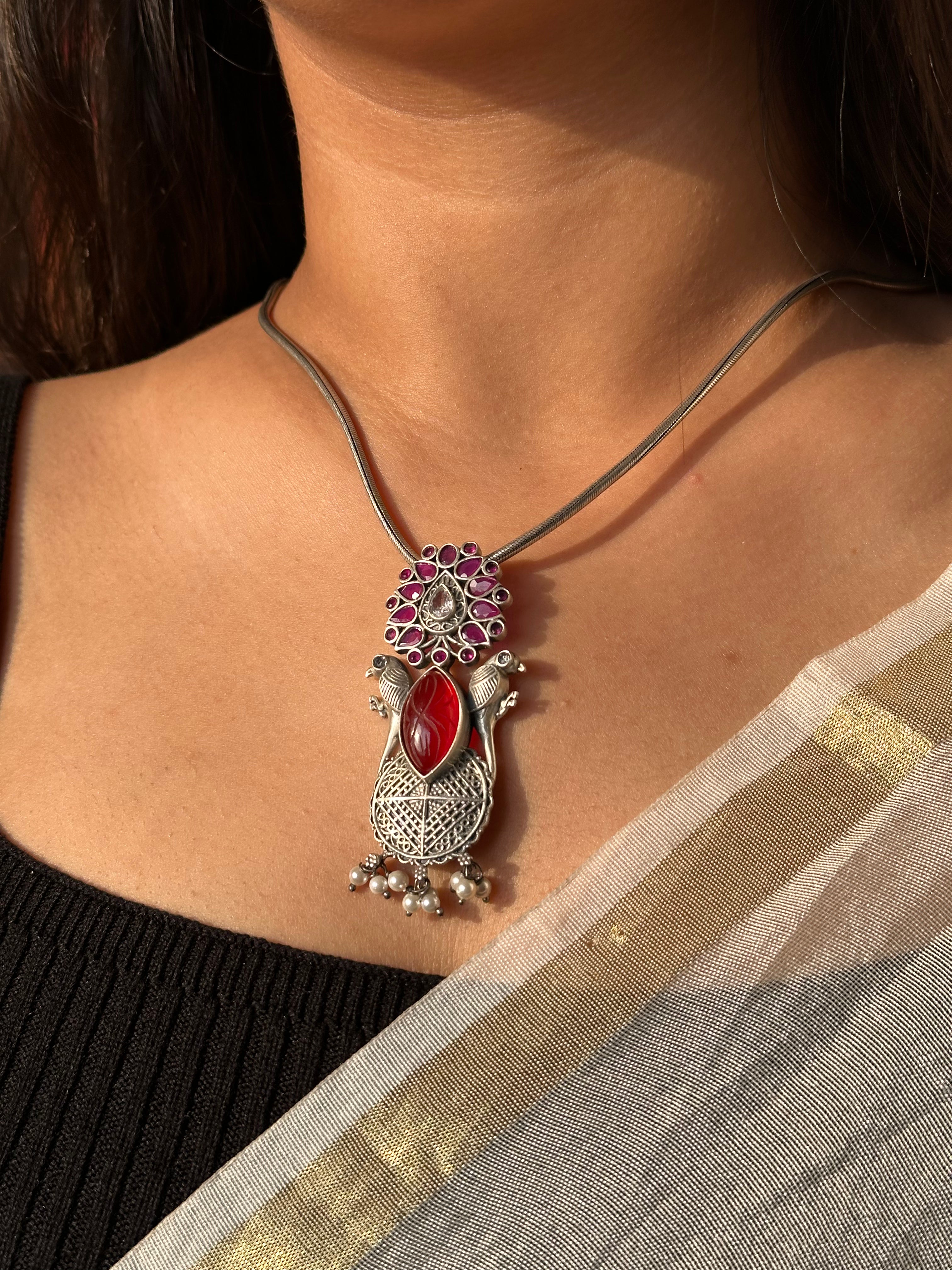 Elegant Silver Oxidised Pendant with Pearl Droplets & Chain